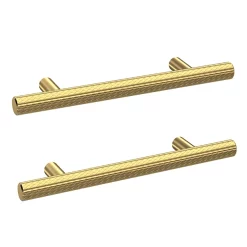 2 X Arezzo Industrial Style Knurled 'T' Bar Brushed Brass Handles (96mm Centres)