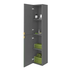 Arezzo Matt Grey Mirrored Wall Hung Tall Storage Cabinet With Brushed Brass Handles