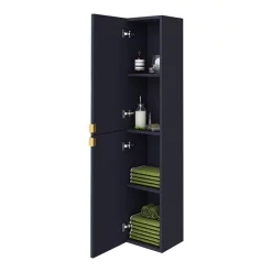 Arezzo Matt Blue Mirrored Wall Hung Tall Storage Cabinet With Brushed Brass Handles