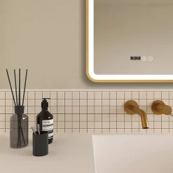 Arezzo Brushed Brass 500 X 700mm Rectangular LED Illuminated Anti-Fog Bathroom Mirror With Time Display -Vanity Unit Bathroom Suites arzim01bb d1