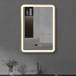 Arezzo Brushed Brass 500 X 700mm Rectangular LED Illuminated Anti-Fog Bathroom Mirror With Time Display -Vanity Unit Bathroom Suites arzim01bb d3