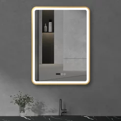 Arezzo Brushed Brass 600 X 800mm Rectangular LED Illuminated Anti-Fog Bathroom Mirror With Time Display -Vanity Unit Bathroom Suites arzim02bb d3