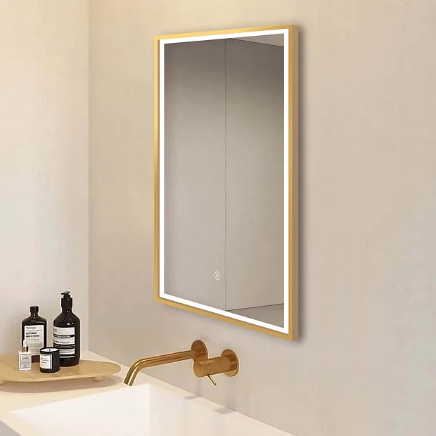 Arezzo Brushed Brass 500 X 700mm Rectangular LED Illuminated Anti-Fog Bathroom Mirror 4 Arezzo Brushed Brass 500 X 700mm Rectangular LED Illuminated Anti-Fog Bathroom Mirror - Image 2