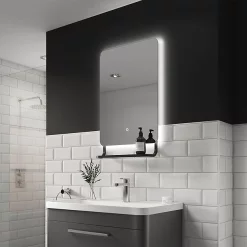 Arezzo Matt Black 800 X 500mm Backlit LED Bathroom Mirror With Hanging Shelf & Anti-Fog
