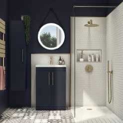 Arezzo Wall Hung Tall Storage Cabinet - Matt Blue - With Industrial Style Brushed Brass Handle 9 Arezzo Wall Hung Tall Storage Cabinet - Matt Blue - With Industrial Style Brushed Brass Handle -Vanity Unit Bathroom Suites azb14whcbbis d2