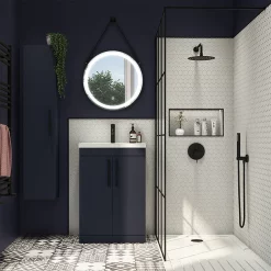 Arezzo Wall Hung Tall Storage Cabinet - Matt Blue - With Industrial Style Black Handle -Vanity Unit Bathroom Suites azb14whcbkis d3