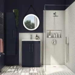 Arezzo Wall Hung Tall Storage Cabinet - Matt Blue - With Industrial Style Chrome Handle -Vanity Unit Bathroom Suites azb14whcchis d2