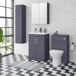 Arezzo Matt Blue Wall Hung Tall Storage Cabinet With Rose Gold Handle -Vanity Unit Bathroom Suites azb14whcrg d2