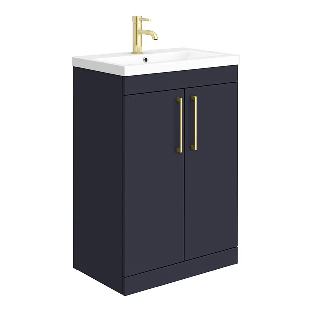 Arezzo Blue Floor Standing Vanity Unit, Tall Cabinet + Toilet Pack With Brass Handles 5 Arezzo Blue Floor Standing Vanity Unit, Tall Cabinet + Toilet Pack With Brass Handles - Image 3