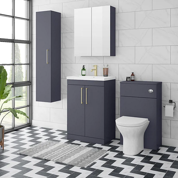 Arezzo Blue Floor Standing Vanity Unit, Tall Cabinet + Toilet Pack With Brass Handles 4 Arezzo Blue Floor Standing Vanity Unit, Tall Cabinet + Toilet Pack With Brass Handles - Image 2