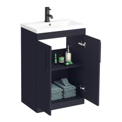 Arezzo Blue Floor Standing Vanity Unit, Tall Cabinet + Toilet Pack With Black Handles -Vanity Unit Bathroom Suites azbbkfsp1 n d1