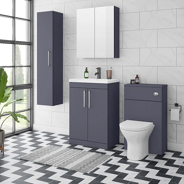 Arezzo Blue Floor Standing Vanity Unit, Tall Cabinet + Toilet Pack With Chrome Handles 4 Arezzo Blue Floor Standing Vanity Unit, Tall Cabinet + Toilet Pack With Chrome Handles - Image 2