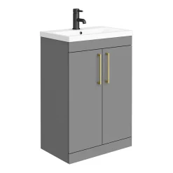 Arezzo Grey Floor Standing Vanity Unit, Tall Cabinet + Toilet Pack With Brass Handles -Vanity Unit Bathroom Suites azgbrfsp1 d1