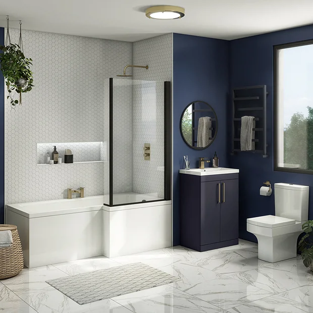 Arezzo L-Shaped Shower Bath Suite - 1700mm With Blue Vanity Unit + Square Toilet 4 Arezzo L-Shaped Shower Bath Suite - 1700mm With Blue Vanity Unit + Square Toilet - Image 2