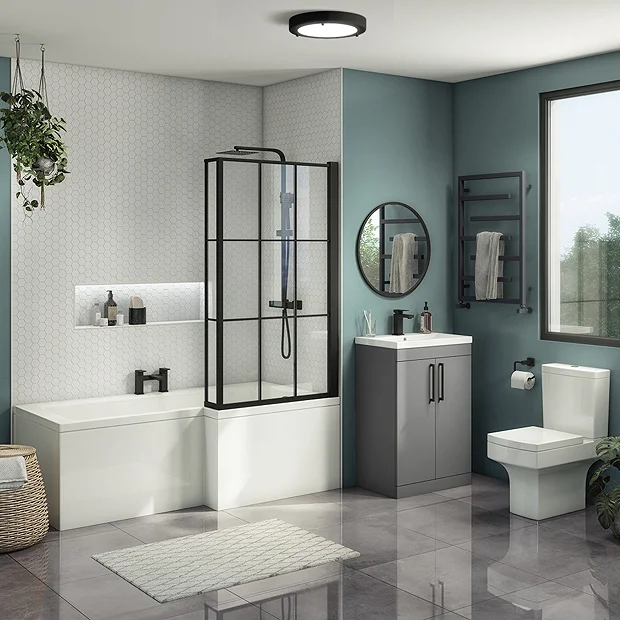Arezzo L-Shaped Shower Bath Suite - 1700mm With Grey Vanity Unit + Square Toilet 3 Arezzo L-Shaped Shower Bath Suite - 1700mm With Grey Vanity Unit + Square Toilet - Image 2