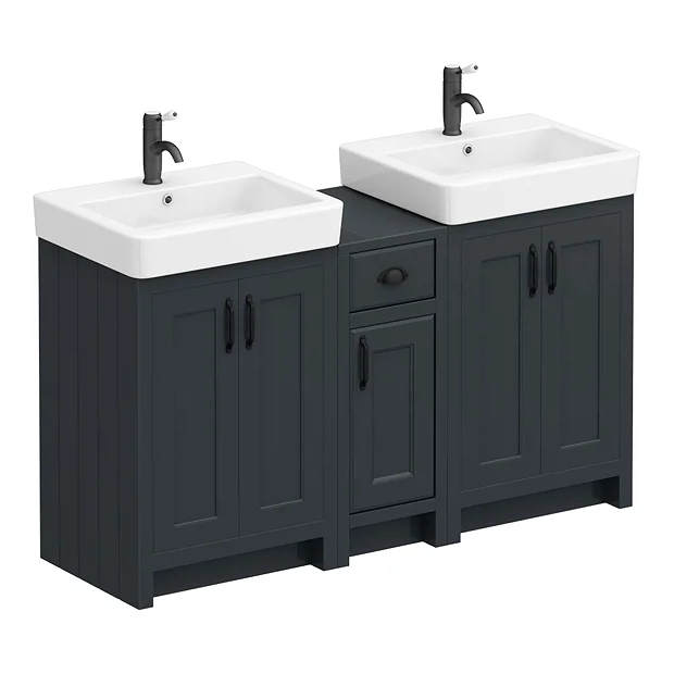Chatsworth Traditional Graphite Double Basin Vanity + Cupboard Combination Unit With Matt Black Handles 4 Chatsworth Traditional Graphite Double Basin Vanity + Cupboard Combination Unit With Matt Black Handles - Image 2