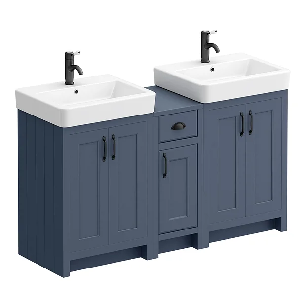Chatsworth Traditional Blue Double Basin Vanity + Cupboard Combination Unit With Matt Black Handles 4 Chatsworth Traditional Blue Double Basin Vanity + Cupboard Combination Unit With Matt Black Handles - Image 2