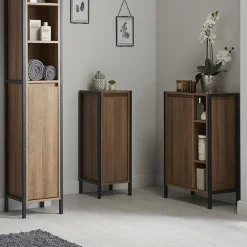 Milan Bathroom Milan Industrial Matt Black Framed Open Shelf Bathroom Storage Unit - Wood Effect
