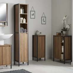 Milan Bathroom Milan Industrial Matt Black Framed 1-Door Bathroom Storage Unit - Wood Effect