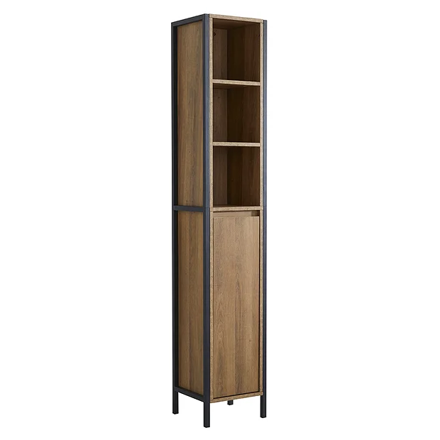 Milan Bathroom Milan Industrial Matt Black Framed Tall Bathroom Storage Unit - Wood Effect 4 Milan Bathroom Milan Industrial Matt Black Framed Tall Bathroom Storage Unit - Wood Effect - Image 2