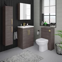 Klyn Bathroom Brooklyn Grey Avola Wall Hung Tall Storage Cabinet With Brushed Brass Handles -Vanity Unit Bathroom Suites mod562bb n d3