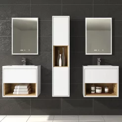 Victorian Plumbing Haywood 1400mm Gloss White / Natural Oak Wall Hung Tall Unit -Vanity Unit Bathroom Suites nfc961 d1