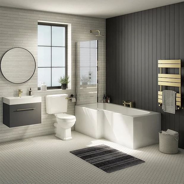 Valencia Bathroom Suite (Toilet, Grey Vanity With Brass Handle, L-Shaped Bath + Screen) 4 Valencia Bathroom Suite (Toilet, Grey Vanity With Brass Handle, L-Shaped Bath + Screen) - Image 2
