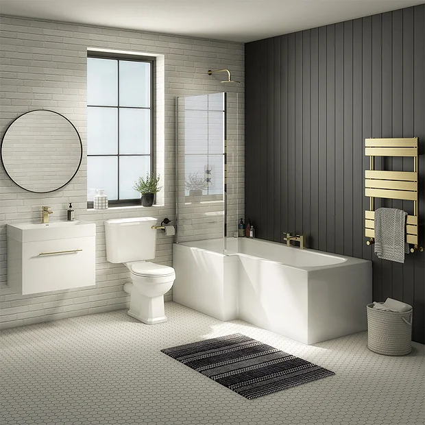 Valencia Bathroom Suite (Toilet, White Vanity With Brass Handle, L-Shaped Bath + Screen) 4 Valencia Bathroom Suite (Toilet, White Vanity With Brass Handle, L-Shaped Bath + Screen) - Image 2