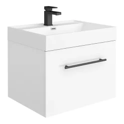 Valencia Bathroom Suite (Toilet, White Vanity With Black Handle, L-Shaped Bath + Screen) -Vanity Unit Bathroom Suites vbsgwbl6d1